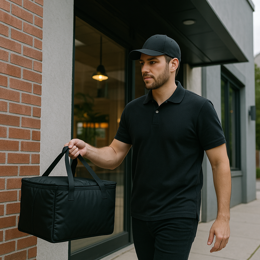Professional delivery driver with insulated bag